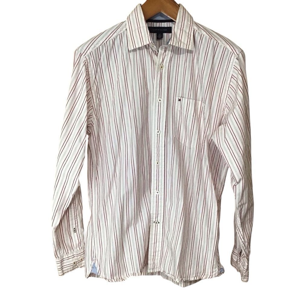 Tommy Hilfiger Men's Sz S Red White Blue Vertical Stripe Long Sleeve Shirt